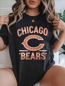 Women's Casual Short Sleeve T-Shirt -  Chicago Glitter Bears Logo Print Round Neck Summer Top, Machine Washable, Ladies T Shirts, Casual Attire, Modern Look, Comfortable Fit-Black - 黑色 - 查看 1