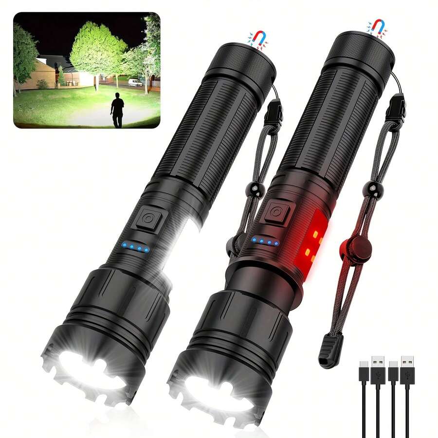 2pcs Rechargeable Flashlight With Long Beam And Belt Clip Small Flashlight With 5 Modes Zoomable Adjustable Brightness High Lumens Powerful Handheld Flashlight For Outdoor Emergency Camping - T035 2pcs - View 1