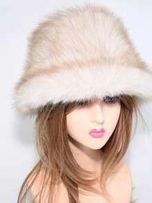 1 pièce Chapeau seau en fausse fourrure de renard, casquette cadeau de haute qualité en fausse fourrure d'hermine épaisse et - Acajou - Voir 7