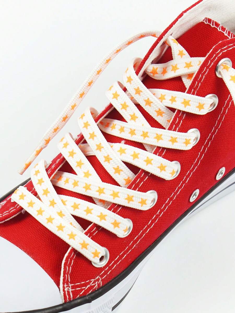 1 Pair White Five-Pointed Star Pattern Woven Casual Shoelaces, Suitable For Sneakers, Canvas Shoes, Skate Shoes - White - View 1