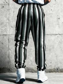 Men's Tri-Color Striped Drawstring Waist Pants, Black & White Striped Unisex Suitable For Outdoor, Sports, Street Casual Daily Wear OOTD Sporty GYM Pants Spring/Autumn - Multicolor - View 2