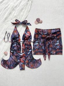 Vintage Tie-Dye Print Halter Neck Bikini Top With Tie-Front Loose Cover-Up, Lightweight Breathable Fabric For Sun Protection And Slimming Effect, Perfect For Island Getaways And Pool Parties - Multicolor - View 2