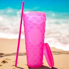 Vaso Texturizado Prismas Neón Durian de Doble Pared con Tapa de Doble Rosca y Popote de 24 Onzas 710 ml (Sirena Fiusha Neon Rosa) - Sirena Fiusha - Ver 4