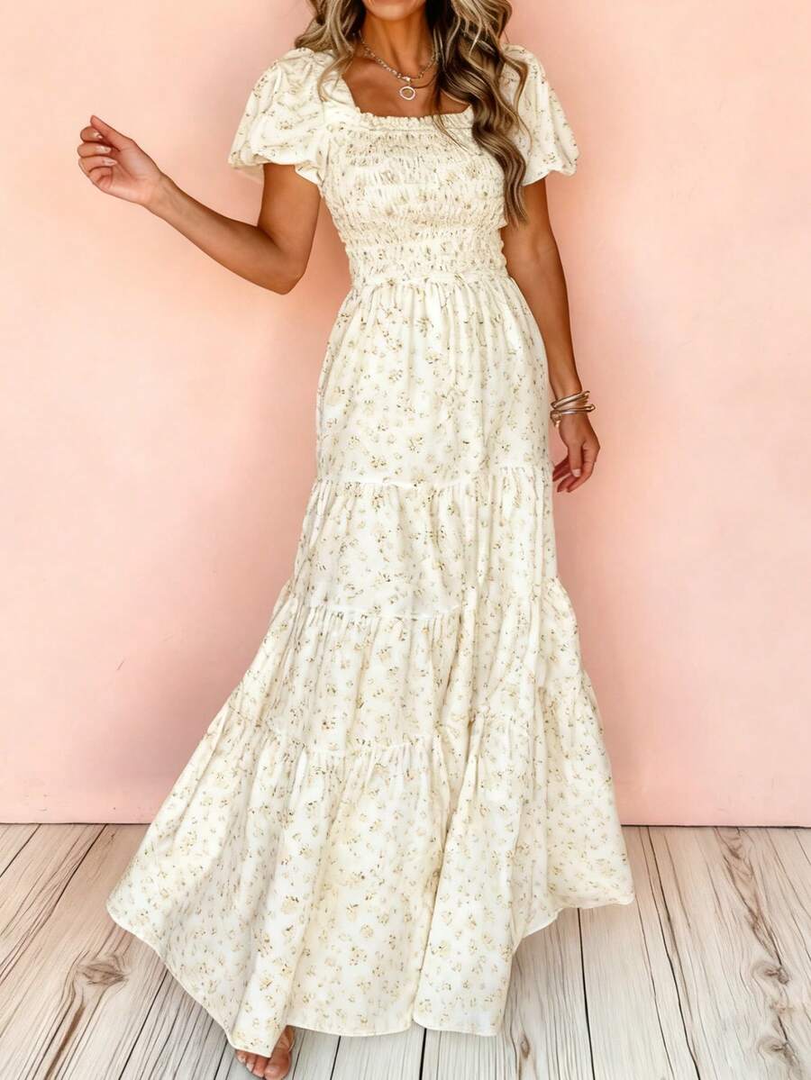 White Frill Neckline Shirred Bodice Floral Maxi Dress - White - View 1