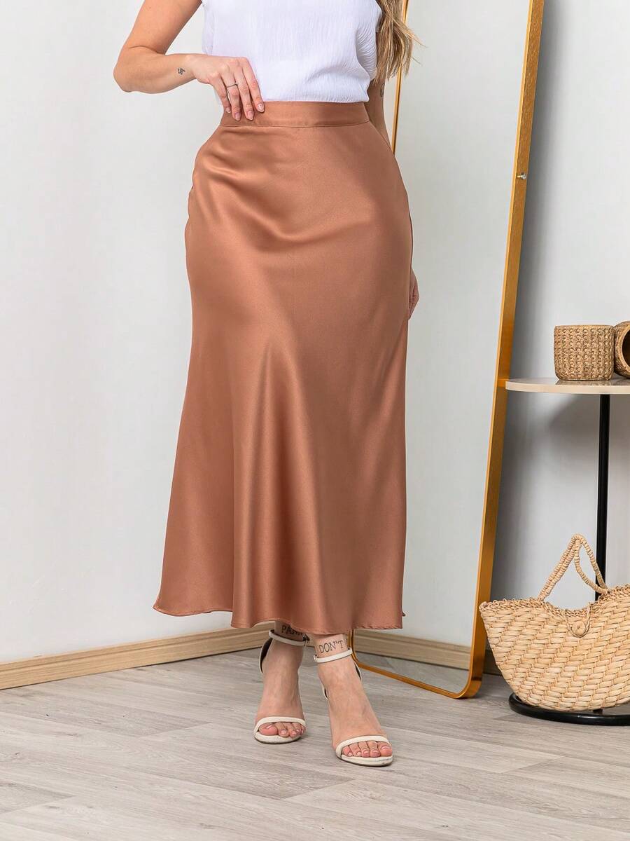 Elegant Satin Skirt With Zipper, Office Party S795 - 摩卡棕 - 查看 1