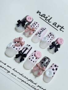 1 pieza Pegatina de uñas de aplicación manual. Uñas lindas, uñas retro dulces y elegantes, decoración de botón y lazo 3D, uñas cuadradas, reutilizables, de alta calidad, adecuadas para uso diario o uso en días festivos. - Multicolor - Ver 3