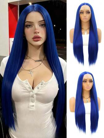 Peluca de encaje frontal sintético recto azul, fibra resistente al calor 13X4 HD, peluca de encaje pre-arrancada para uso diario y de fiesta para mujeres de 24 pulgadas