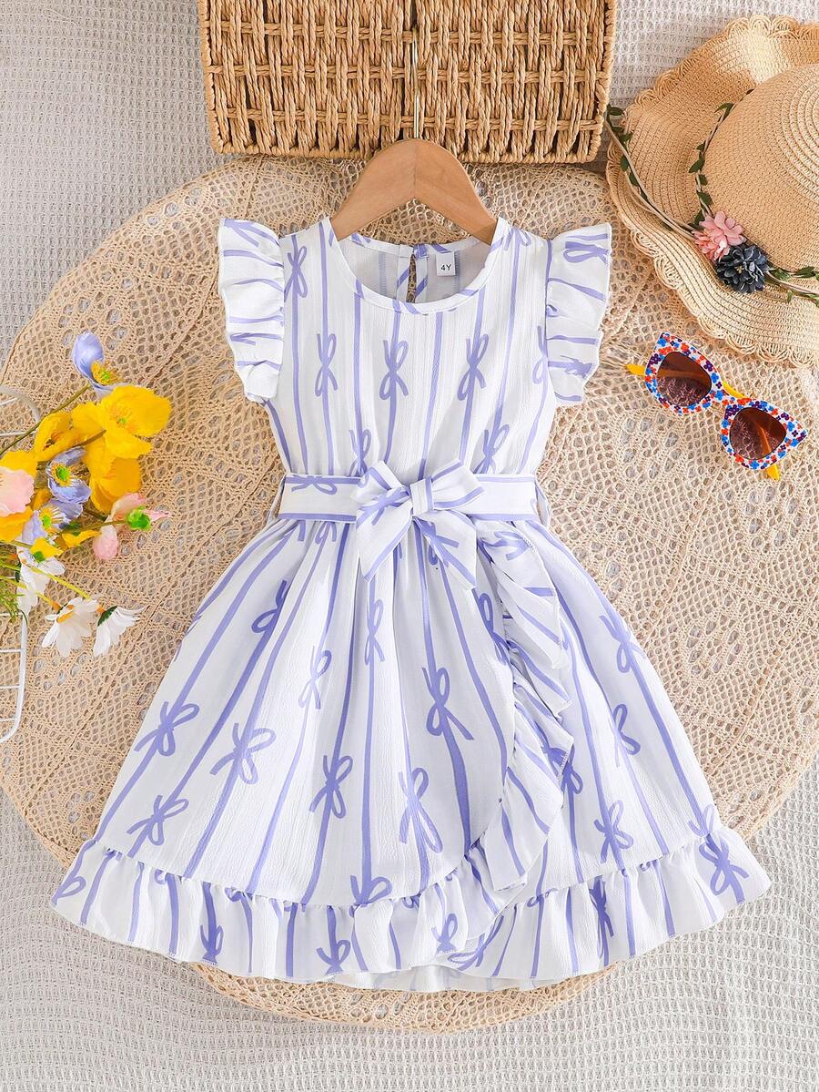 Girls Elegant Sleeveless Dress With Cute Bow Pattern, Comes With Belt - Mauve Purple - View 1