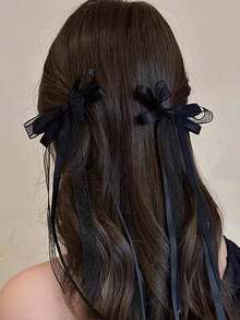 2 piezas Accesorios para el cabello elegantes con lazo de cinta de satén y encaje, decoraciones para el cabello de alta gama, accesorios para el cabello con colas de cinta, pinzas para el cabello, pasadores, barrettes, accesorios para la cabeza, horquillas, viaje, cumpleaños - Negro - Ver 2