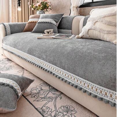 1件纯色雪尼尔沙发套，流苏简约风格，星形图案，防滑防刮，四季皆宜，适合1/2/3/4人沙发