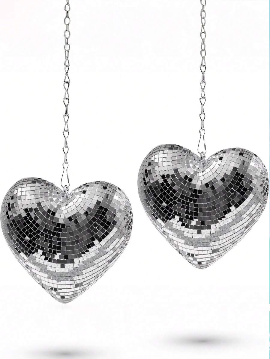 Quả cầu disco hình trái tim, quả cầu disco phản quang kiểu cổ điển, đồ trang trí disco treo, quả cầu gương treo màu bạc có dây xích, quà tặng ngày Valentine, thích hợp cho bàn làm việc, bàn ăn, phòng ngủ, nhà cửa, quán bar.
