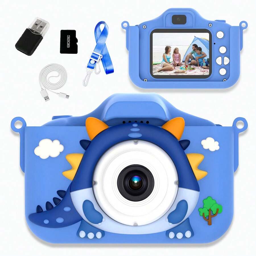 Holiday Gift Choice Dinosaur Digital Camera Cute Cartoon Design Camera Portable Camera Toy Video Recording Pocket Camera With 32GB Memory Card Rechargeable Camera With 5 Puzzle Games For Boys Girls, Birthday Halloween Christmas New Year Gift - Màu xanh lam - Xem 1