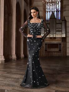 Vestido de Festa Feminino Elegante com Cristais, Vestido de Gala Exquisito com Pérolas Adequado para Coquetel, Aniversário, Banquete, Vestido Preto de Manga Longa Ajustado com Decote Quadrado - Preto - Visão 4