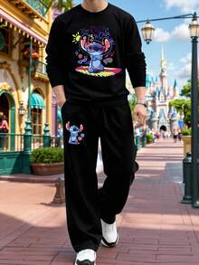 Disney طقم تيشيرت بأكمام طويلة وبنطال فضفاض واسع، مميز بتصميم ألوان سادة وطباعة رسومات خياطة، طراز كاجوال مناسب للارتداء اليومي والجري وغيرها من المناسبات، متعدد الاستخدامات للربيع والخريف