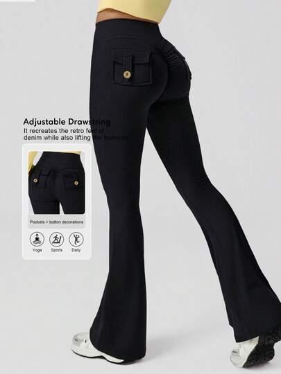 Sodalemon Women's Elastic Training Pants, Solid Color Back Pocket, Bronze Button Decor, No Front Seam, Outdoor Casual Yoga Fitness Sports Flare Leggings