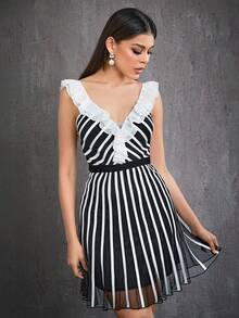 Mgiacy Women's Spaghetti Strap Ruffle-Trim Polka-Dot Mesh Panel Ruched Luxury Evening Gown - Black and White - View 4