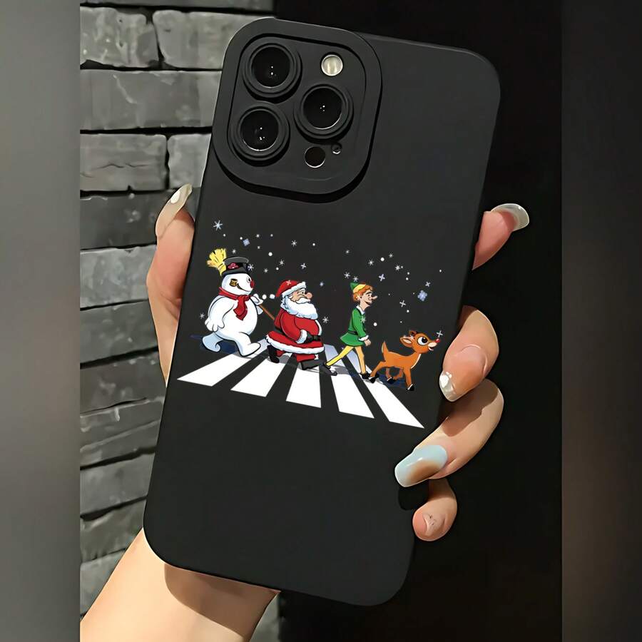 2026 nueva funda de teléfono mate, funda de teléfono con diseño de personajes navideños cruzando la carretera para modelos de  17 y , protector de teléfono, funda de pareja, regalo para novio y novia, presente de vacaciones - Negro - Ver 1