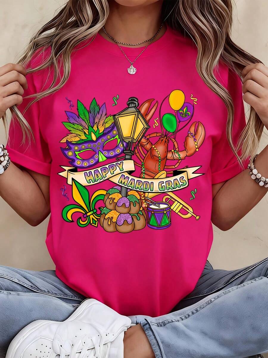 Happy Mardi Gras Festival T Shirt With Mask Crab Balloons And King Cake Design For Women And Men Casual Wear Party Outfit - Hồng - Xem 1