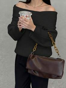 女士新款露肩休闲长袖上衣，优雅、柔软、舒适，适合多种场合，秋冬针织衫 - 黑色 - 查看 2