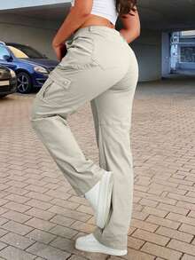 Plus Size Women Solid Color Casual Cargo Pants With Pockets Spring - Apricot - View 2
