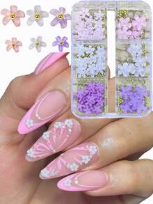 6 piezas/Caja Accesorios de arte de uñas con flores de 5 pétalos de resina ABS en rosa, blanco y morado. Decoraciones de uñas con cuentas doradas, adecuadas para joyería de uñas DIY. Suministros de arte de uñas.