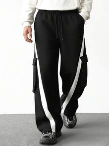 男士黑色工装运动裤，饰有白色条纹，宽松街头风裤 - 黑色 - 查看 2