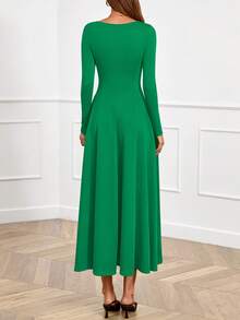 Women Fall Dresses Boat Neck Long Sleeve High Waist A-Line Flowy Knit Party Maxi Dress Spring Autumn Evening Formal Wedding Party Valentine Long Dress Outfits - 綠色 - 查看 3