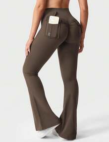 VOYJOY Flare Leggings With Pockets For Women Brittany Leggings Workout Leggings For Women Butt Lifting Gym Yoga Leggings Y2K Summer Clothes For Women - 咖啡 - 查看 2