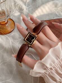1件黑色/棕色方形PU皮革女士石英表，复古时尚简约风格，适合日常佩戴，新年/毕业礼物，休闲聚会 - 棕色 - 查看 2