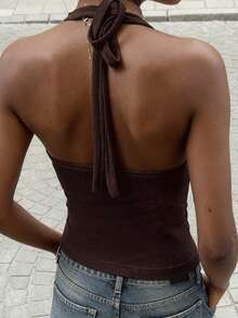 Da Jade Women's Brown Ring Detail Ruched Slim Fit Cropped Tank Top - Sexy Daily Outfit