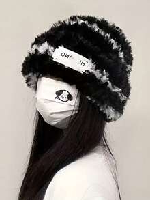 1pc Versatile Fuzzy Striped Bucket Hat, Women Winter Knitted Beanie Cap, Thick Warm Ear Protection Fluffy Bucket Hat - Black - View 4