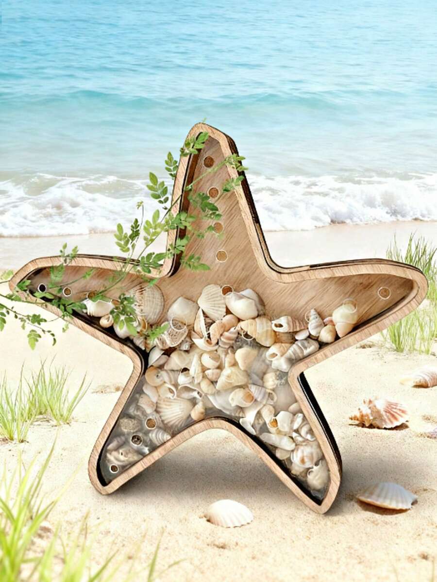 1PC Starfish Desktop Display Stand Ocean-Themed Decorative Jewelry Storage Rack Wooden Transparent Money Box Starfish Display Box Creative Wooden Desktop Display Stand Shell Coin Storage Box For Baby Girl Boy Kids - sao biển - Xem 1