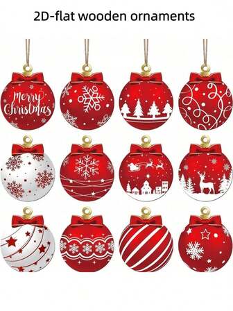 12件套2D扁平优雅木质圣诞球挂饰套装 - 12件2D扁平圣诞挂饰，木质挂件，家居装饰佳品，适用于圣诞树、花园和派对装饰，冬季新年家居派对用品（多种款式）