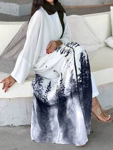 梭织面料长袍，落肩长袖，及地长裙，优雅无弹力长袍 - 黑色 - 查看 1