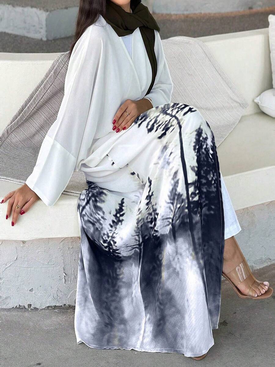 梭织面料长袍，落肩长袖，及地长裙，优雅无弹力长袍 - 黑色 - 查看 1