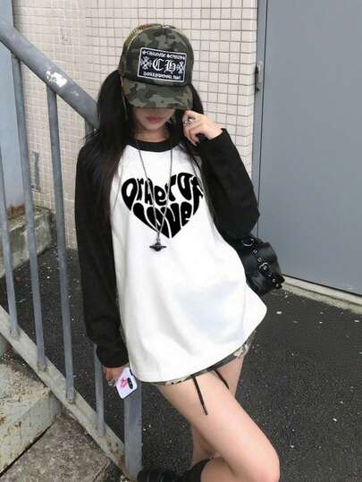 日式风格女式宽松棉质字母与图案印花圆领休闲长袖T恤撞色拼布，春秋季