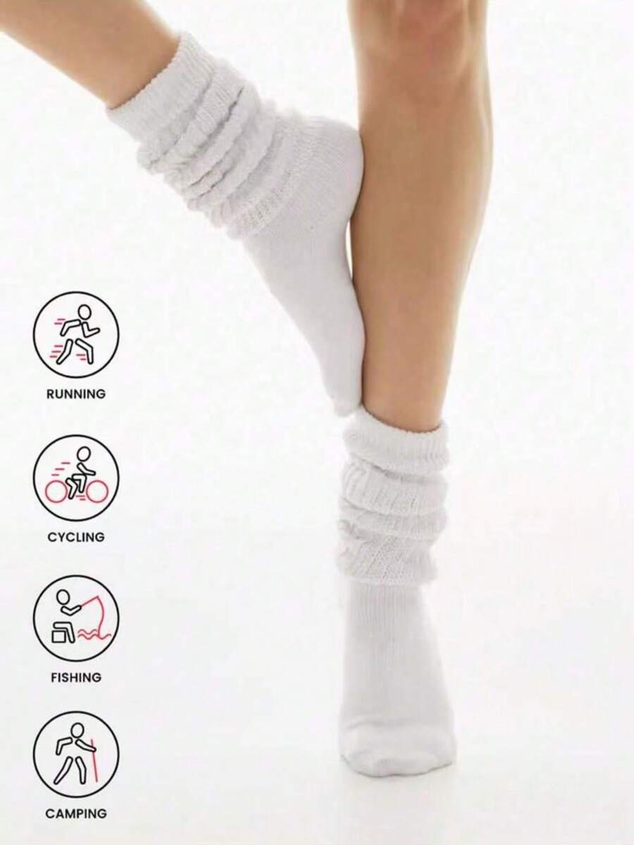 3 đôi tất dài đến bắp chân dày ấm màu trơn dành cho nữ, tất tập yoga, tất ống, mùa thu/đông - trắng - Xem 1