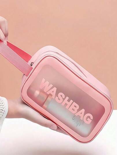 1 pieza Bolsa de aseo de viaje, diseño minimalista con patrón de letras, organizador de cosméticos impermeable de gran capacidad, adecuado para viajes, estilo bohemio, playa, baño, dormitorio y talla grande, bolsa de aseo de gran capacidad, bolsa impermeable para mujeres, cubos de embalaje, bolsa de maquillaje esencial de viaje, artículos esenciales de vacaciones