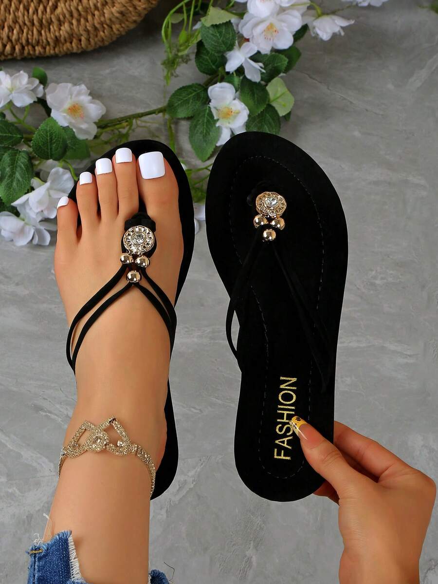 Women Sandals. Toe Post Sandals. Fashion Flip Flops. Toe Post Slippers. Slip-On Sandals For Women. Round Toe Metal Buckle. Rhinestoned Flat Thong Sandals