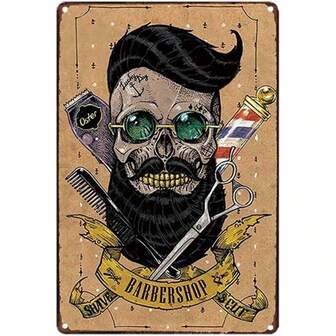 1pc Metal Tin Sign, Fashionable Retro Cool Beard Skull Barber Shop Theme Metal Sign Suitable For Salon And Barbershop Decor, 8X12 Inches