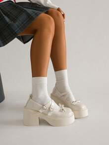 SRSOO Pantofi Mary Jane albi noi, cu toc gros și gros, cu vârf rotund și talpă groasă, stil retro francez, casual, pentru femei, de vară - alb - Vizualizare 4