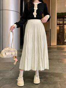 秋冬新款针织褶皱A字裙，修身柔软，适合女士 - 杏色 - 查看 1