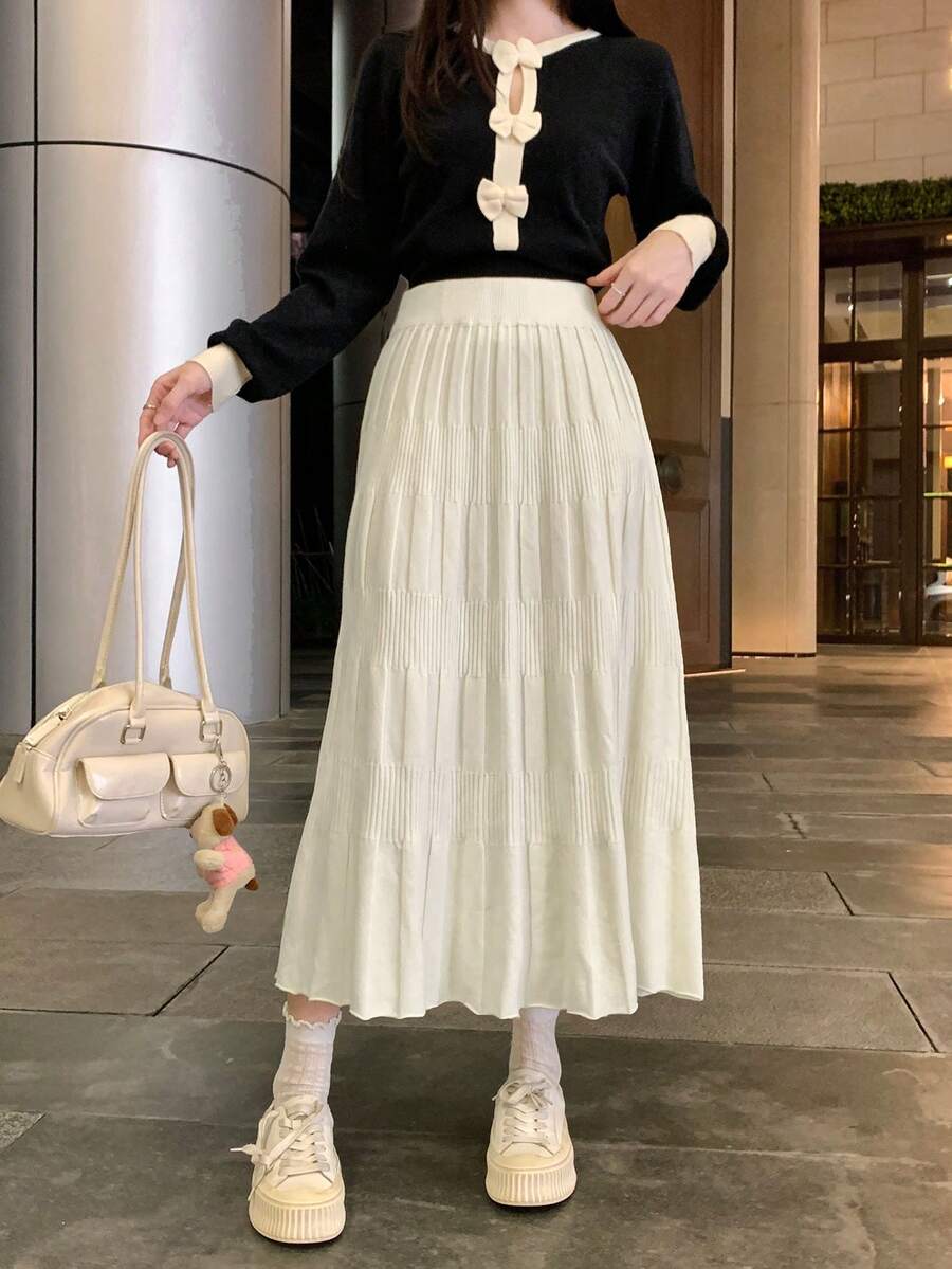 秋冬新款针织褶皱A字裙，修身柔软，适合女士 - 杏色 - 查看 1