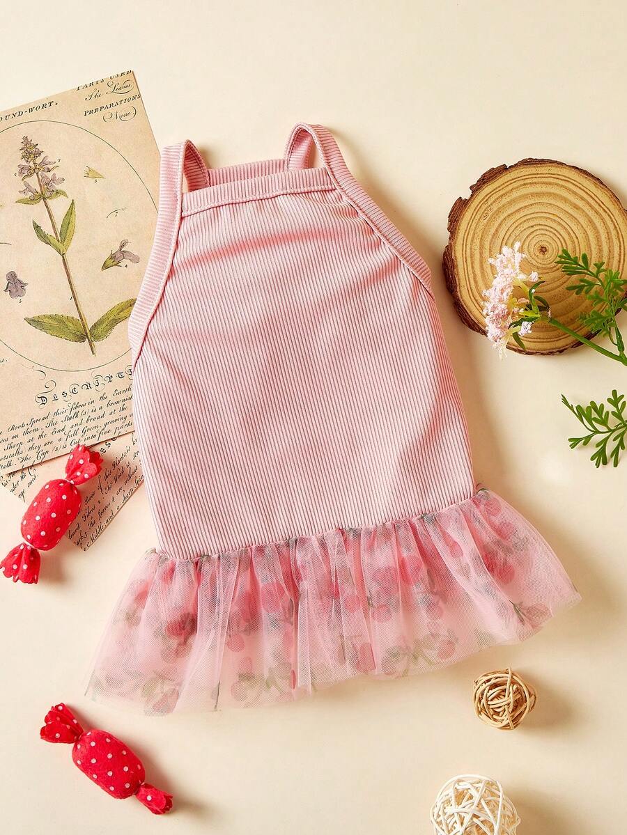PETSIN 1pc Knitted Mesh Patchwork Pet Dog Princess Dress, Elegant Pink Cherry Print Camisole Dress For Small Dogs