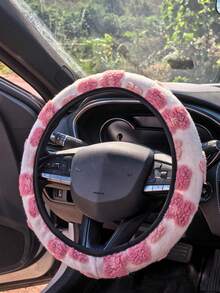 3pcs/2pcs/1pc Car Interior Accessory Set, Floral Plush Steering Wheel Cover And Seatbelt Shoulder Pads, Non-Slip, Warm, Cute, Personalized, Suitable For All Seasons