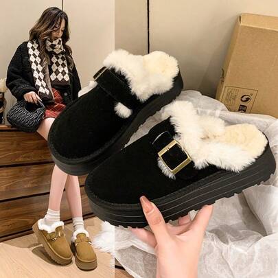 小众毛绒女士套脚拖鞋，舒适休闲厚底闭趾拖鞋，秋冬款