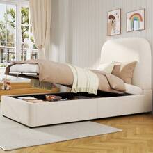 Upholstered Bed, Single Bed 90 X 200cm, Hydraulic Functional Bed, Rustproof Slatted Base, Headboard And Large Storage Compartment, Padded Headboard, Velvet, Beige - Beige - View 11