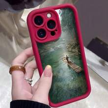 Cubierta de telefono con borde negro diseño paisaje natural con barca y rio para iPhone 14 Pro Max funda protectora estilo minimalista ideal para uso diario y viajes - Blanco - Ver 3