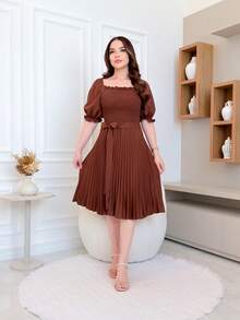 Pleated Midi Dress With Elastic Waistband - marrom - 查看 4