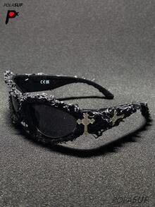 Diamond Heart Cross 1pc Futuristic Punk Rock European & American Party Hip Hop Fashion Glasses, New Drip Glue Asymmetrical Fashion Glasses, Personalized Drip Glue Hip Hop Street Dark Cyberpunk Fashion Glasses, Large Asymmetrical Frame European & American Dark Style Personalized Fashion Glasses, Party Drip Glue Goggles, Street Fashion Glasses, Handmade Drip Glue Spiky Punk Cool Fashion Glasses